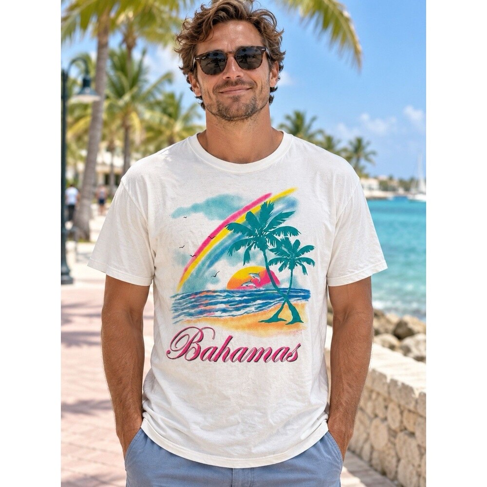 Vintage Bahamas Tourist T-Shirt Medium White Palm Trees Dolphins Beach Graphic